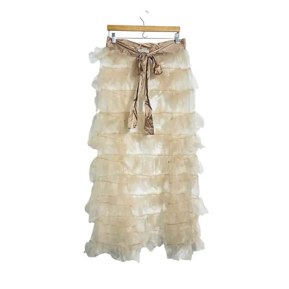 Tiered Tulle Ruffle Sheer Pettiskirt Skirt Tie Front Size L Cream Coquette NWT